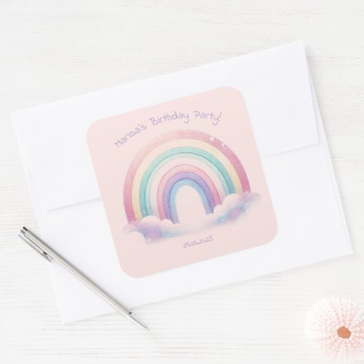 Pastel Rainbow Birthday Party Square Stickers (Envelop)