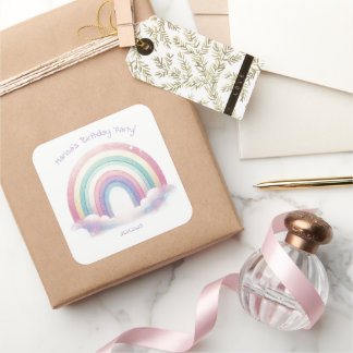 Pastel Rainbow Birthday Party Square Stickers