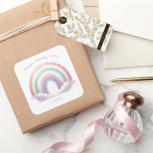 Pastel Rainbow Birthday Party Square Stickers (Geschenken)