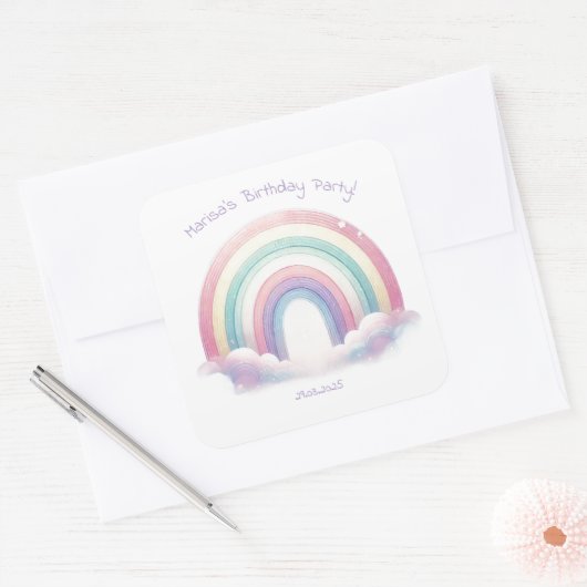 Pastel Rainbow Birthday Party Square Stickers (Envelop)