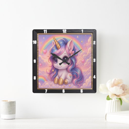 Pastel Rainbow Cartoon Unicorn Vierkante Klok (Huis)
