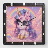 Pastel Rainbow Cartoon Unicorn Vierkante Klok (Voorkant)
