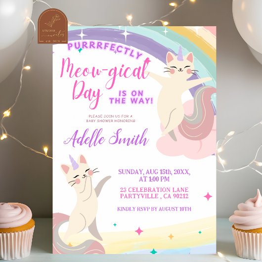 Pastel Rainbow Cat Unicorn Baby shower Kaart