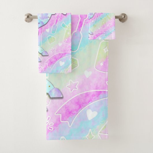 Pastel Rainbow Diamonds & Stars Magical Unicorn Bad Handdoek (Insitu)