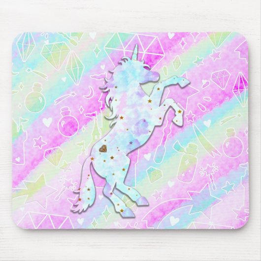 Pastel Rainbow Diamonds & Stars Magical Unicorn Muismat (Voorkant)