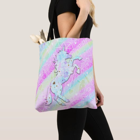 Pastel Rainbow Diamonds & Stars Magical Unicorn Tote Bag (Dichtbij)