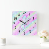 Pastel Rainbow Diamonds & Stars Magical Unicorn Vierkante Klok (Huis)