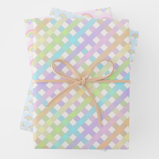 Pastel Rainbow en Gingham Plaid Inpakpapier Vel (In situ)