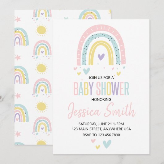 Pastel Rainbow en Hearts baby shower nodigen uit Kaart (Voorkant / Achterkant)