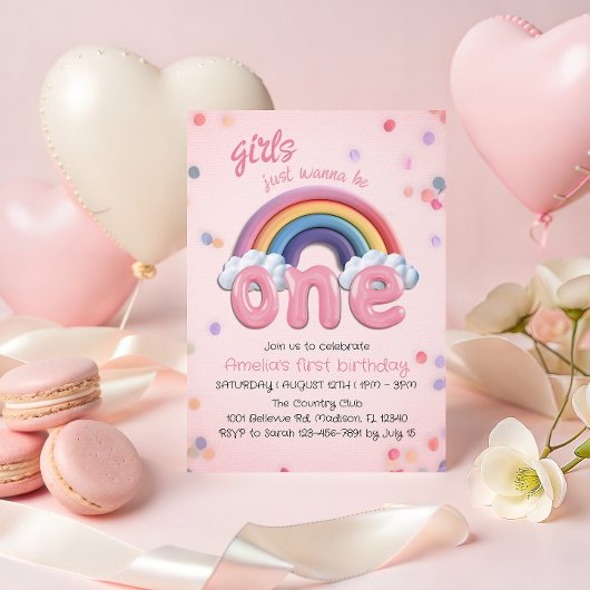Pastel Rainbow First Birthday Invitation for Girl Kaart