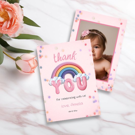 Pastel Rainbow First Birthday Thank You Photo Card Bedankkaart