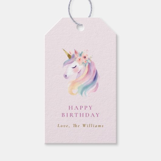 Pastel Rainbow Floral Unicorn Birthday Present Cadeaulabel (Voorkant)