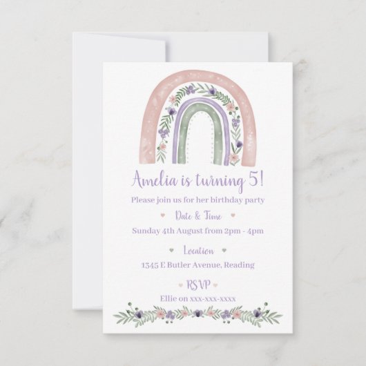 Pastel Rainbow Floral verjaardagsfeestje uitnodigi Kaart (Voorkant)