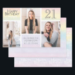 Pastel Rainbow Foto Collage 21st Birthday Inpakpapier Vel<br><div class="desc">Verpak die cadeaus in stijl met dit gecoördineerde verjaardagspapierpakket. Het eerste vel is voorzien van een trendy fotocollage met ruimte voor drie foto's. U kunt de naam toevoegen van de persoon die zijn verjaardag viert,  evenals zijn leeftijd en verjaardagsdatum.</div>