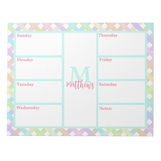 Pastel Rainbow Gingham Weekly Planner Notitieblok (Voorkant)