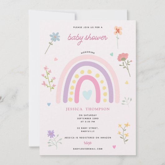 Pastel Rainbow Girl Wildflowers Hearts Baby shower Kaart (Voorkant)