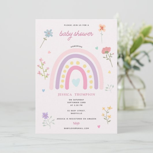 Pastel Rainbow Girl Wildflowers Hearts Baby shower Kaart (Staand voorkant)