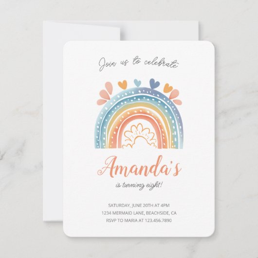Pastel Rainbow Girl's Verjaardagsfeestuitnodiging (Voorkant)