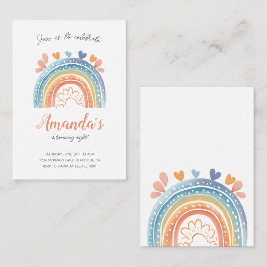 Pastel Rainbow Girl's Verjaardagsfeestuitnodiging Notitiekaartje (Voorkant / Achterkant)