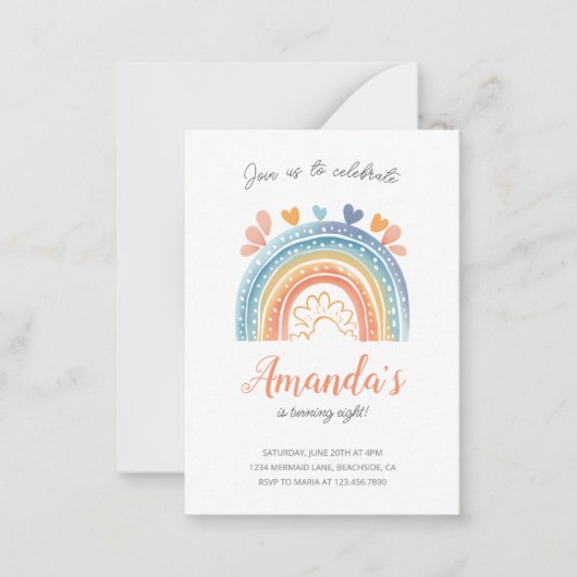 Pastel Rainbow Girl's Verjaardagsfeestuitnodiging Notitiekaartje (Voorkant)