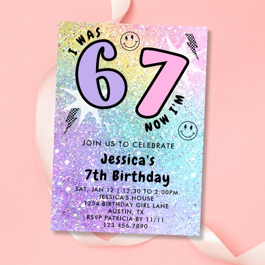 Pastel Rainbow Glitter 6 7 Girl Birthday Party Kaart