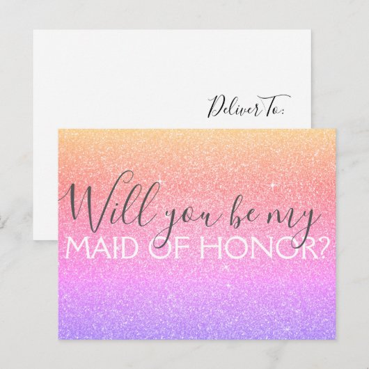 Pastel Rainbow Glitter & Sparkle Maid of Honor Uitnodiging Briefkaart (Voorkant / Achterkant)