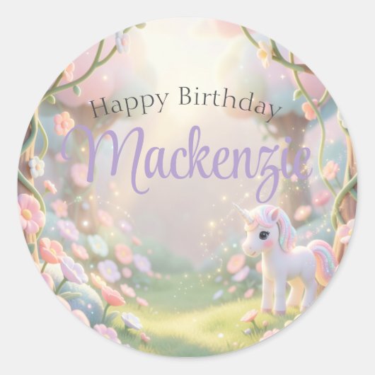 Pastel Rainbow & Glitter Unicorn Birthday Party Ronde Sticker (Voorkant)