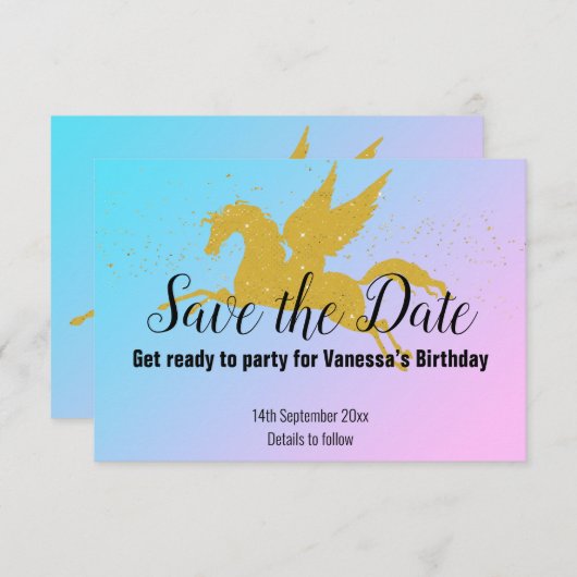 PASTEL RAINBOW GOLD UNICORN BEWAART DE DATUM RSVP (Voorkant / Achterkant)