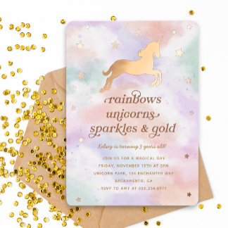 Pastel Rainbow Gold Unicorn Birthday Party Folie Uitnodiging