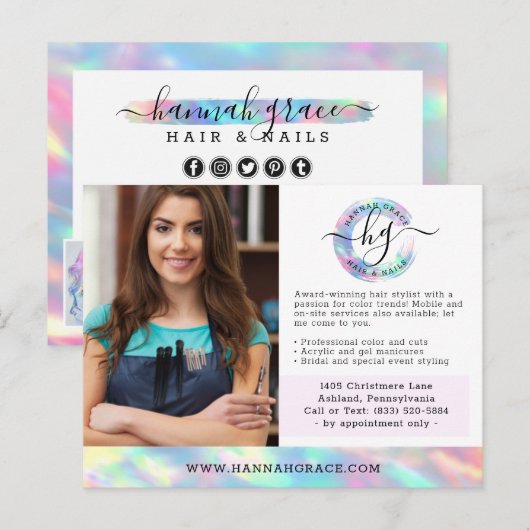 Pastel Rainbow Hair Nails Business Marketing Foto Briefkaart (Voorkant / Achterkant)