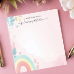 Pastel Rainbow Hearts Schattigee gepersonaliseerde Notitieblok<br><div class="desc">Voeg een vleugje eigenzinnigheid en charme toe aan je notities met dit gepersonaliseerde notitieblok. Een zachte pastel regenboogboog, vergezeld van delicate harten en gebladerte, siert de linkerbenedenhoek. Het lichte en luchtige ontwerp creëer geeft een vrolijk en opbeurend gevoel. Pas dit notitieblok aan met uw eigen tekst. Perfect voor dagelijkse notities,...</div>