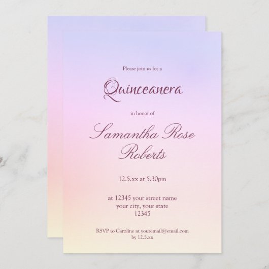 Pastel Rainbow Holographic Elegant Quinceanera Kaart (Voorkant / Achterkant)