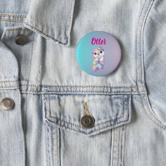Pastel Rainbow Kawaii Otter Kids Birthday Button (In situ)