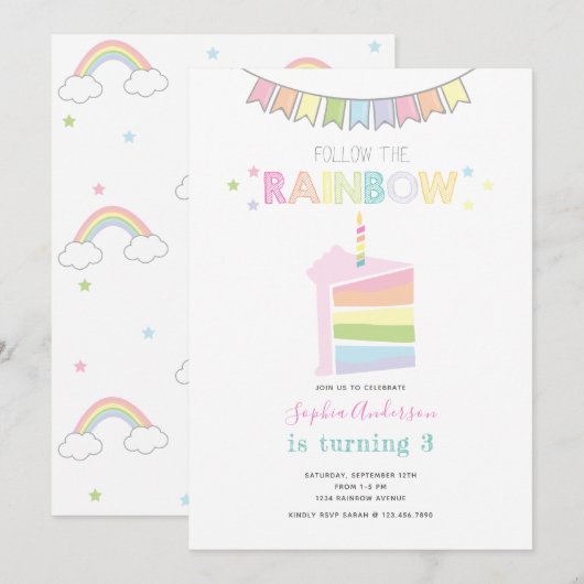 Pastel Rainbow Kids Verjaardagsfeest Kaart (Voorkant / Achterkant)