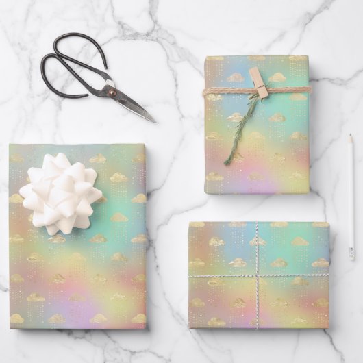 Pastel Rainbow-kleuren Gold Cloud Raining Showscho Inpakpapier Vel (Voorkant)