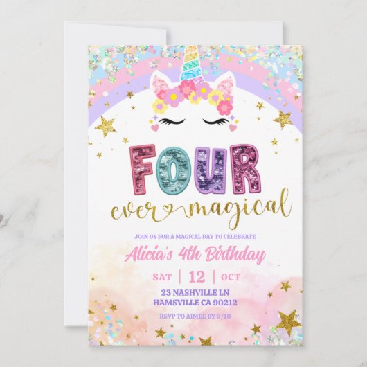 Pastel Rainbow Magical Unicorn 4th Birthday Kaart (Voorkant)