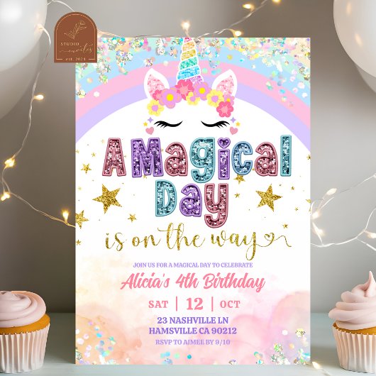 Pastel Rainbow Magical Unicorn girl birthday  Kaart