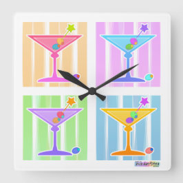 PASTEL RAINBOW MARTINIS WALL CLOCK VIERKANTE KLOK