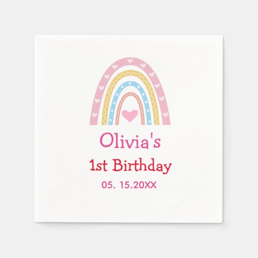 Pastel Rainbow met harten Eerste verjaardagsfeest Servet (Voorkant)