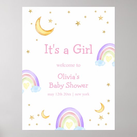 Pastel Rainbow Moon Star Baby shower Welkom Poster (Voorkant)