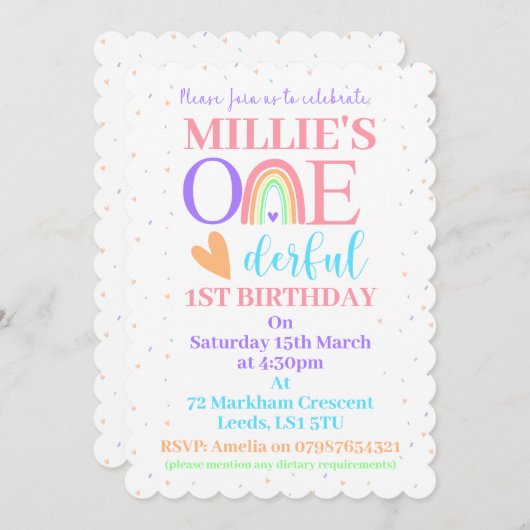 Pastel Rainbow ONEderful 1e verjaardagsfeestje Uit Kaart (Voorkant / Achterkant)