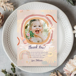 Pastel Rainbow Pink Birthday Photo Thank You Card Bedankkaart