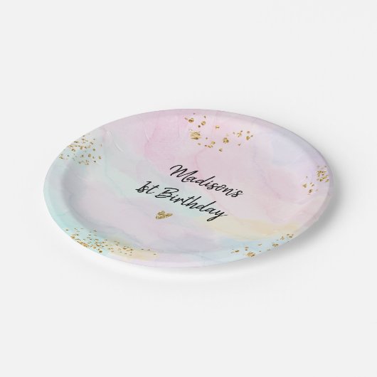 Pastel Rainbow Pink Gold Birthday Papieren Bordje (Gekanteld)