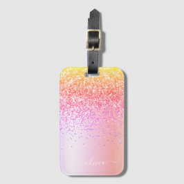 Pastel Rainbow Pink Gold Paars Glitter Monogram Bagagelabel