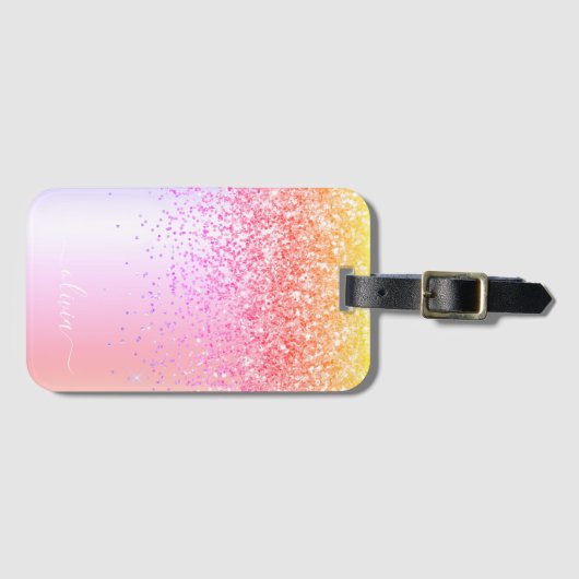Pastel Rainbow Pink Gold Paars Glitter Monogram Bagagelabel (Voorkant (horizontaal))