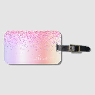 Pastel Rainbow Pink Gold Paars Glitter Monogram Bagagelabel