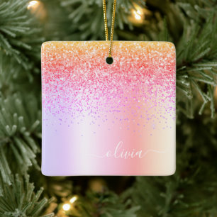 Pastel Rainbow Pink Gold Paars Glitter Monogram Keramisch Ornament