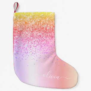 Pastel Rainbow Pink Gold Paars Glitter Monogram Kleine Kerstsok