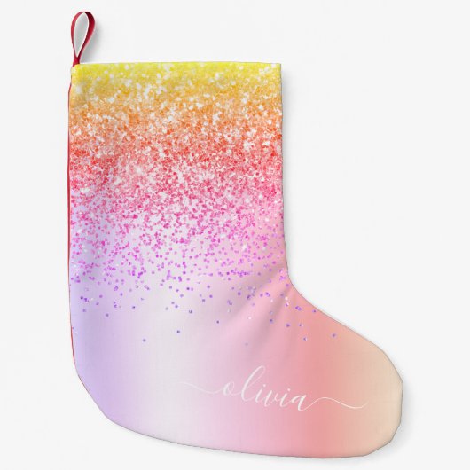 Pastel Rainbow Pink Gold Paars Glitter Monogram Kleine Kerstsok (Voorkant)