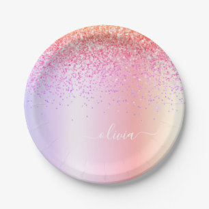 Pastel Rainbow Pink Gold Paars Glitter Monogram Papieren Bordje
